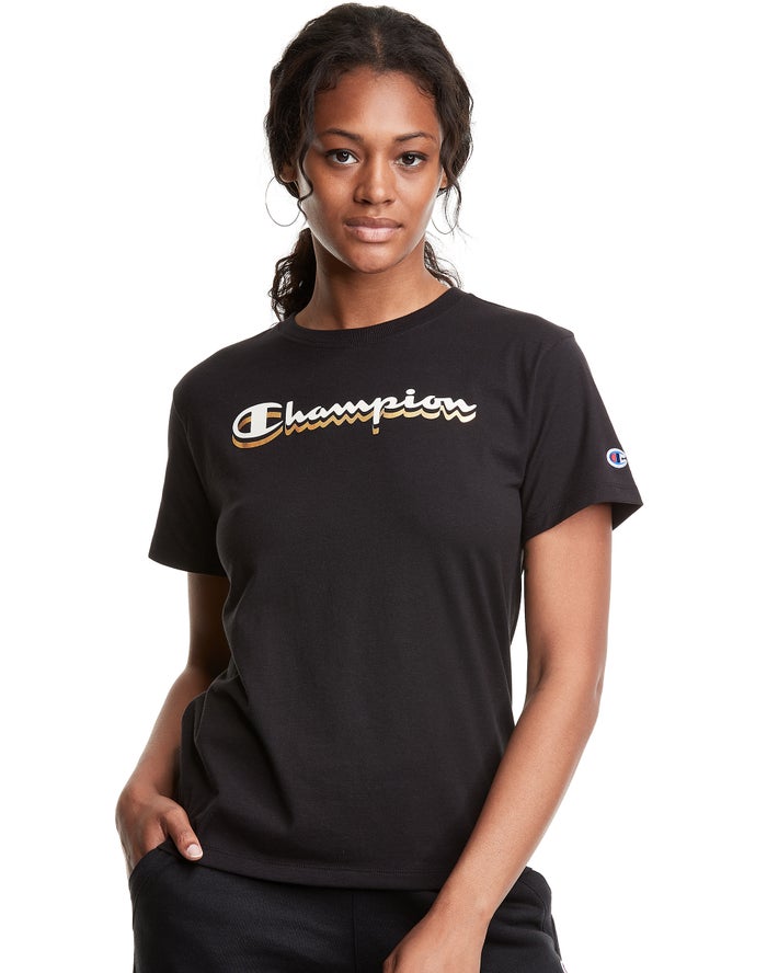 Champion Womens T-Shirt NZ - Classic Drop Shadow Foil Script Logo Black ( 2537-IMEFT )